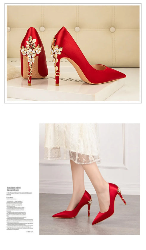 Elegant Crystal-Embellished Silk Pointed Toe Pumps for Women - Luxurious High Heels Perfect for Bridal and Evening Wear, Sexy Dress Shoes with Thin Heels
